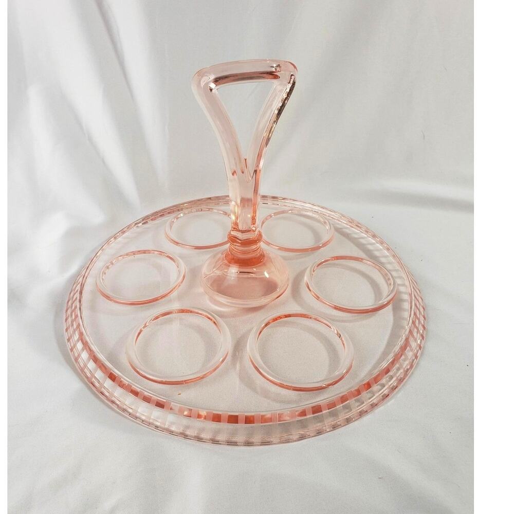 Vintage Pink Depression Glass Round Drink Condiment Caddy Handled Serving Tray